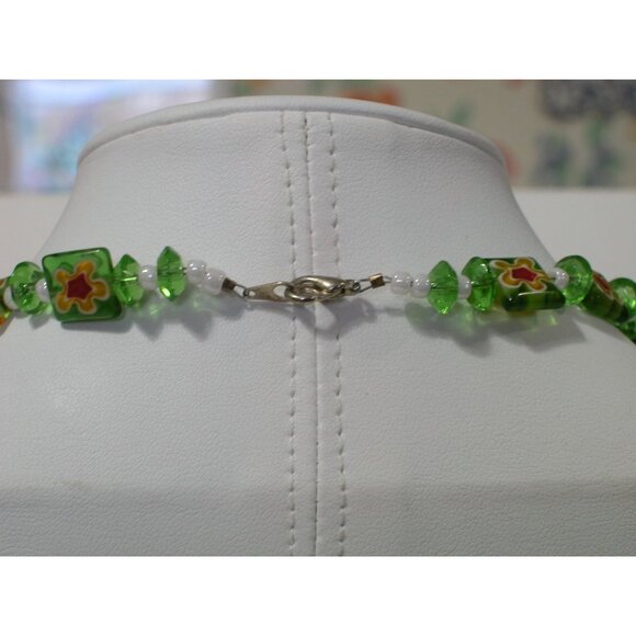 Handcrafted Millefiori Glass & Metal Turtle Pendant Necklace With Green & White - Picture 6 of 6